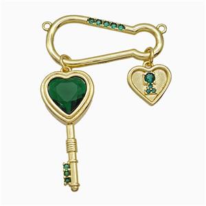 Copper Key Heart Pendant Pave Zirconia 2loops Gold Plated, approx 11mm, 13-30mm, 10-30mm [FD19803]