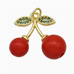 Copper Cherry Pendant Pave Zirconia Red Resin Gold Plated, approx 18-23mm [FD19817]