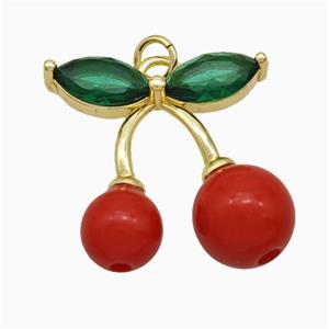 Copper Cherry Pendant Pave Red Resin Gold Plated, approx 21-23mm [FD19818]