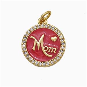 Copper Circle Pendant Pave Zirconia Red Enamel Mom Gold Plated, approx 14mm [FD19879]
