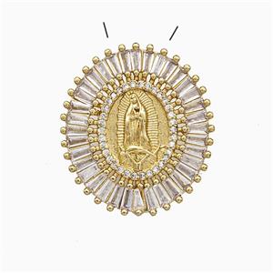 Copper Virgin Mary Pendant Pave Zirconia Oval Gold Plated, approx 27-30mm [FD19930]