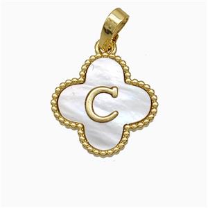 Copper Clover Pendant Pave Shell Letter-C 18K Gold Plated, approx 16mm [FD19934]