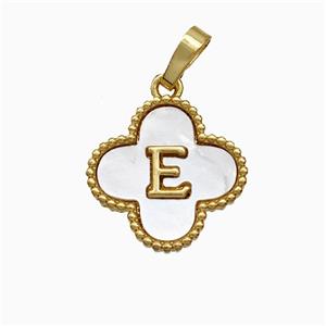 Copper Clover Pendant Pave Shell Letter-E 18K Gold Plated, approx 16mm [FD19936]