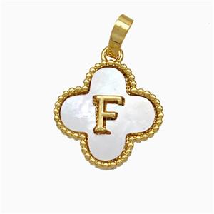 Copper Clover Pendant Pave Shell Letter-F 18K Gold Plated, approx 16mm [FD19937]