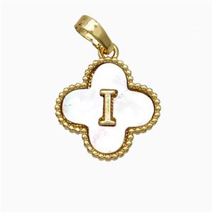 Copper Clover Pendant Pave Shell Letter-I 18K Gold Plated, approx 16mm [FD19940]
