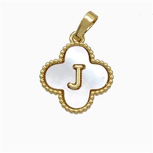 Copper Clover Pendant Pave Shell Letter-J 18K Gold Plated, approx 16mm [FD19941]