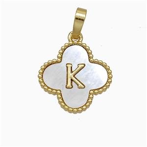 Copper Clover Pendant Pave Shell Letter-K 18K Gold Plated, approx 16mm [FD19942]