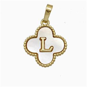 Copper Clover Pendant Pave Shell Letter-L 18K Gold Plated, approx 16mm [FD19943]