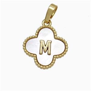 Copper Clover Pendant Pave Shell Letter-M 18K Gold Plated, approx 16mm [FD19944]