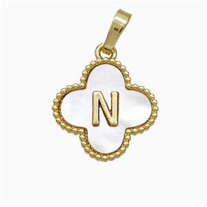 Copper Clover Pendant Pave Shell Letter-N 18K Gold Plated, approx 16mm [FD19945]