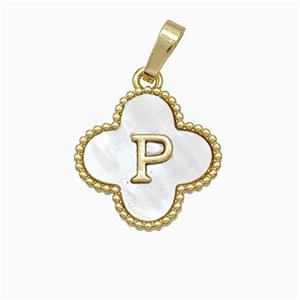 Copper Clover Pendant Pave Shell Letter-P 18K Gold Plated, approx 16mm [FD19947]