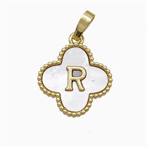 Copper Clover Pendant Pave Shell Letter-R 18K Gold Plated, approx 16mm [FD19949]