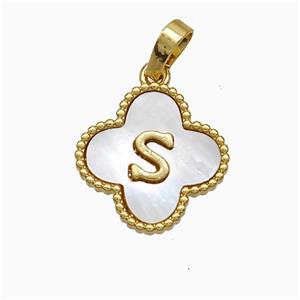 Copper Clover Pendant Pave Shell Letter-S 18K Gold Plated, approx 16mm [FD19950]