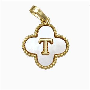 Copper Clover Pendant Pave Shell Letter-T 18K Gold Plated, approx 16mm [FD19951]
