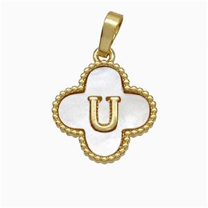 Copper Clover Pendant Pave Shell Letter-U 18K Gold Plated, approx 16mm [FD19952]