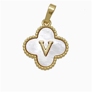 Copper Clover Pendant Pave Shell Letter-V 18K Gold Plated, approx 16mm [FD19953]