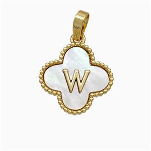 Copper Clover Pendant Pave Shell Letter-W 18K Gold Plated, approx 16mm [FD19954]