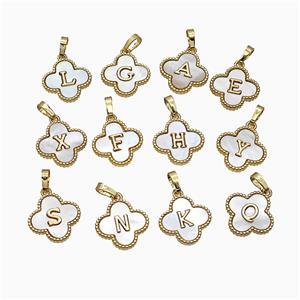 Copper Clover Alphabet Pendant Pave Shell 18K Gold Plated Mix Letters, approx 16mm [FD19958]