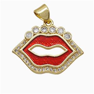 Copper Lips Pendant Pave Zirconia Red Painted 18K Gold Plated, approx 15-21mm [FD19961]