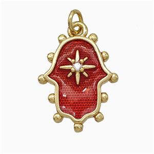 Copper Hamsahand Pendant Pave Zirconia Red Painted 18K Gold Plated, approx 16-20mm [FD19962]