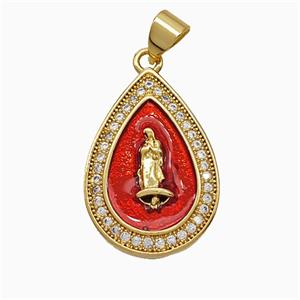 Copper Jesus Teardrop Pendant Pave Zirconia Red Painted 18K Gold Plated, approx 15-21mm [FD19963]