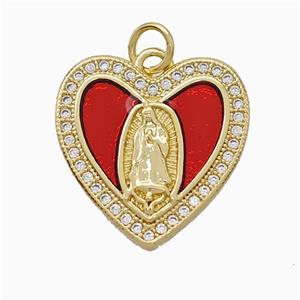 Copper Jesus Heart Pendant Pave Zirconia Red Painted 18K Gold Plated, approx 18mm [FD19965]