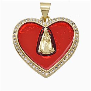 Copper Virgin Mary Heart Pendant Pave Zirconia Red Painted 18K Gold Plated, approx 20-22mm [FD19966]
