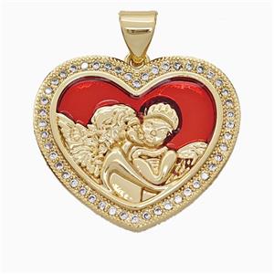 Copper Angel Heart Pendant Pave Zirconia Red Painted 18K Gold Plated, approx 18-22mm [FD19967]