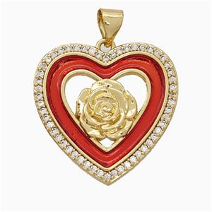 Copper Flower Heart Pendant Pave Zirconia Red Painted 18K Gold Plated, approx 21-22mm [FD19968]