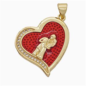 Copper Couple Heart Pendant Pave Zirconia Red Painted 18K Gold Plated, approx 20-23mm [FD19969]