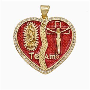 Copper Jesus Heart Pendant Pave Zirconia Red Painted Ankh 18K Gold Plated, approx 25-28mm [FD19970]