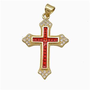 Copper Cross Pendant Pave Zirconia Red Painted 18K Gold Plated, approx 21-28mm [FD19973]