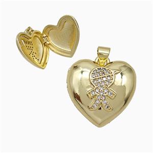 Copper Boy Heart Locket Pendant Pave Zirconia 18K Gold Plated, approx 20mm [FD19987]