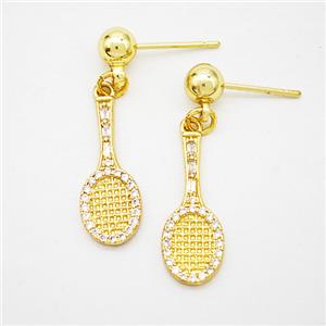 Tennis Racket Copper Stud Earrings Pave Zirconia Sports Gold Plated, approx 7.5-20mm, 5mm [FD20240]