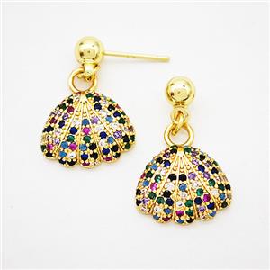 Scallop Shell Copper Stud Earrings Pave Zirconia Gold Plated, approx 13-15mm, 5mm [FD20241]
