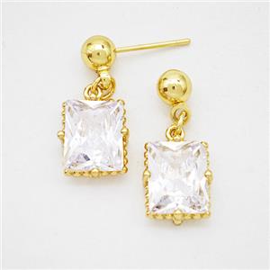 Copper Rectangle Stud Earrings Pave Crystal Glass Gold Plated, approx 9-11mm, 5mm [FD20247]
