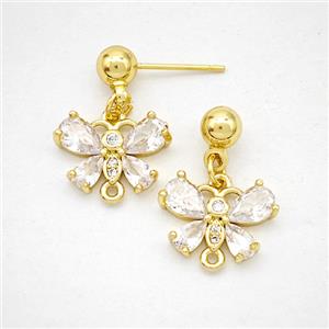 Copper Butterfly Stud Earrings Pave Zirconia Gold Plated, approx 10-14mm, 5mm [FD20248]