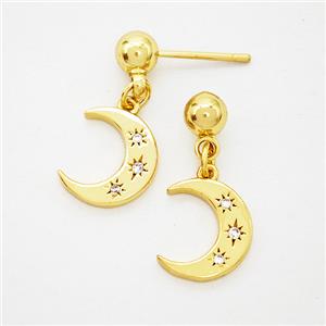 Copper Moon Stud Earrings Pave Zirconia Gold Plated, approx 10-12mm, 5mm [FD20253]
