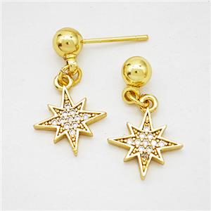 Copper Northstar Stud Earrings Pave Zirconia Gold Plated, approx 12mm, 5mm [FD20256]