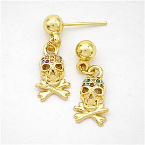 Copper Skull Stud Earrings Pave Zirconia Gold Plated, approx 8-12mm, 5mm [FD20258]