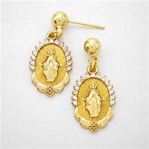 Copper Virgin Mary Stud Earrings Pave Zirconia Gold Plated, approx 12.5-16mm, 5mm [FD20265]