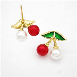 Copper Cherry Stud Earrings Pave Pearlized Resin Gold Plated, approx 13mm, 5mm [FD20266]