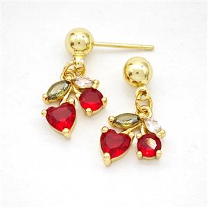 Copper Cherry Stud Earrings Pave Zirconia Gold Plated, approx 10mm, 5mm [FD20269]