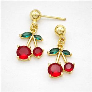 Copper Cherry Stud Earrings Pave Zirconia Gold Plated, approx 11-13mm, 5mm [FD20270]