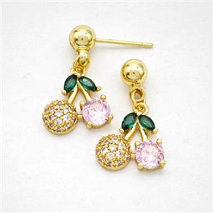 Copper Cherry Stud Earrings Pave Zirconia Gold Plated, approx 11-12mm, 5mm [FD20271]