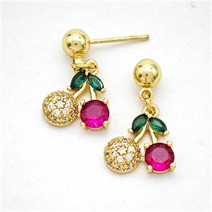 Copper Cherry Stud Earrings Pave Zirconia Gold Plated, approx 11-12mm, 5mm [FD20272]