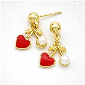 Copper Cherry Stud Earrings Pave Pearlized Resin Red Enamel Gold Plated, approx 9-13mm, 5mm [FD20273]