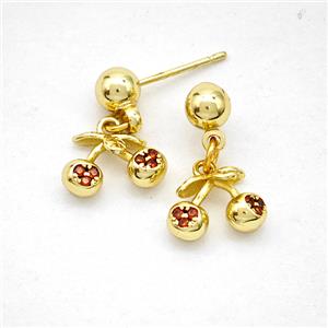 Copper Cherry Stud Earrings Pave Zirconia Gold Plated, approx 8-10mm, 5mm [FD20274]