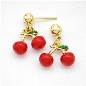 Copper Cherry Stud Earrings Red Enamel Gold Plated, approx 10-15mm, 5mm [FD20275]