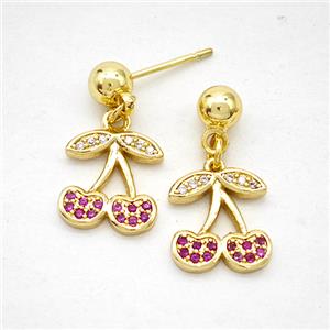 Copper Cherry Stud Earrings Pave Zirconia Gold Plated, approx 11mm, 5mm [FD20276]